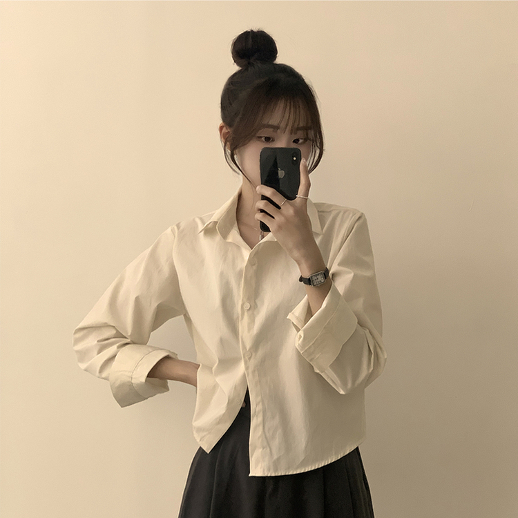 베이직의 정석 유니 파스텔 카라 버튼 세미 크롭 긴팔 셔츠 봄 캐주얼 남방 데일리 상의 11color 크림