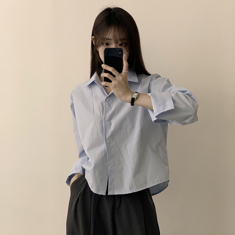 베이직의 정석 유니 파스텔 카라 버튼 세미 크롭 긴팔 셔츠 봄 캐주얼 남방 데일리 상의 11color 소라