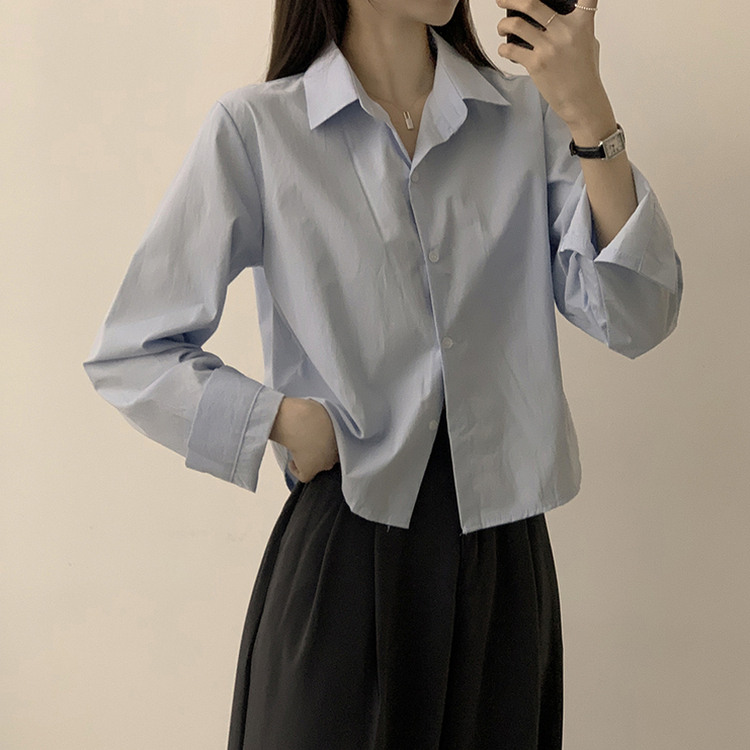 베이직의 정석 유니 파스텔 카라 버튼 세미 크롭 긴팔 셔츠 봄 캐주얼 남방 데일리 상의 11color 소라