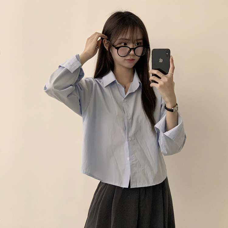 베이직의 정석 유니 파스텔 카라 버튼 세미 크롭 긴팔 셔츠 봄 캐주얼 남방 데일리 상의 11color 소라