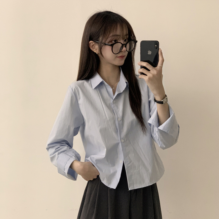 베이직의 정석 유니 파스텔 카라 버튼 세미 크롭 긴팔 셔츠 봄 캐주얼 남방 데일리 상의 11color 소라