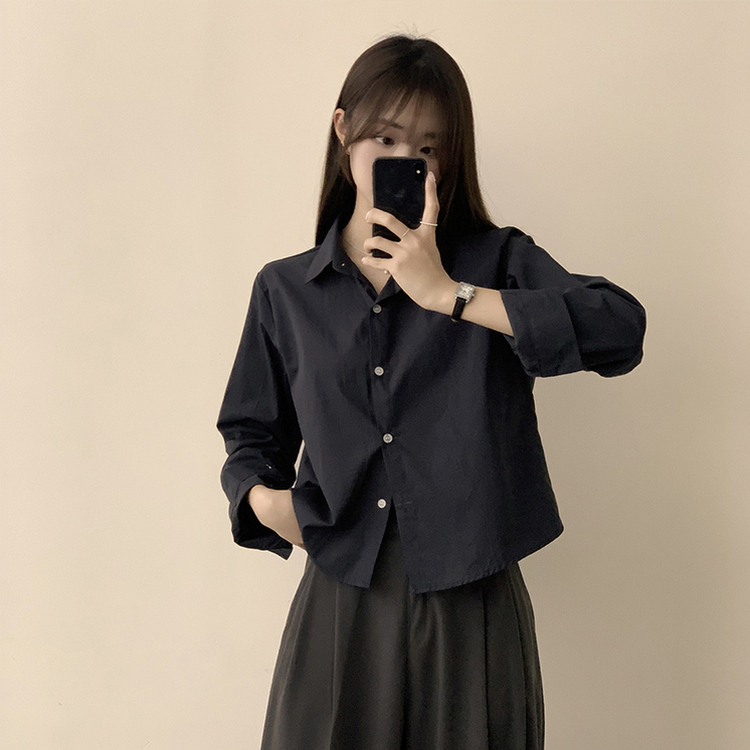 베이직의 정석 유니 파스텔 카라 버튼 세미 크롭 긴팔 셔츠 봄 캐주얼 남방 데일리 상의 11color 네이비