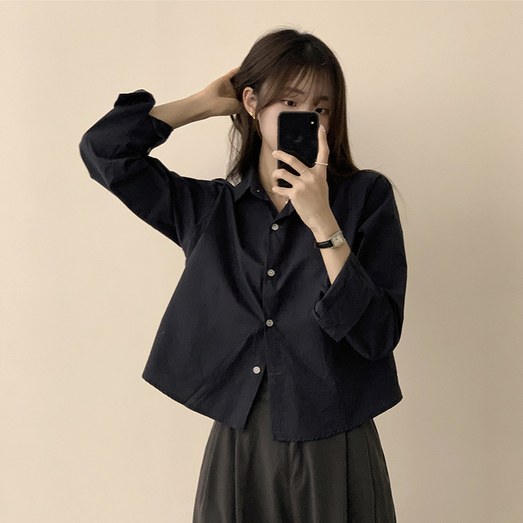 베이직의 정석 유니 파스텔 카라 버튼 세미 크롭 긴팔 셔츠 봄 캐주얼 남방 데일리 상의 11color 네이비