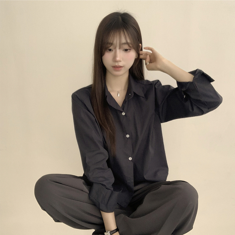 베이직의 정석 유니 파스텔 카라 버튼 세미 크롭 긴팔 셔츠 봄 캐주얼 남방 데일리 상의 11color 네이비