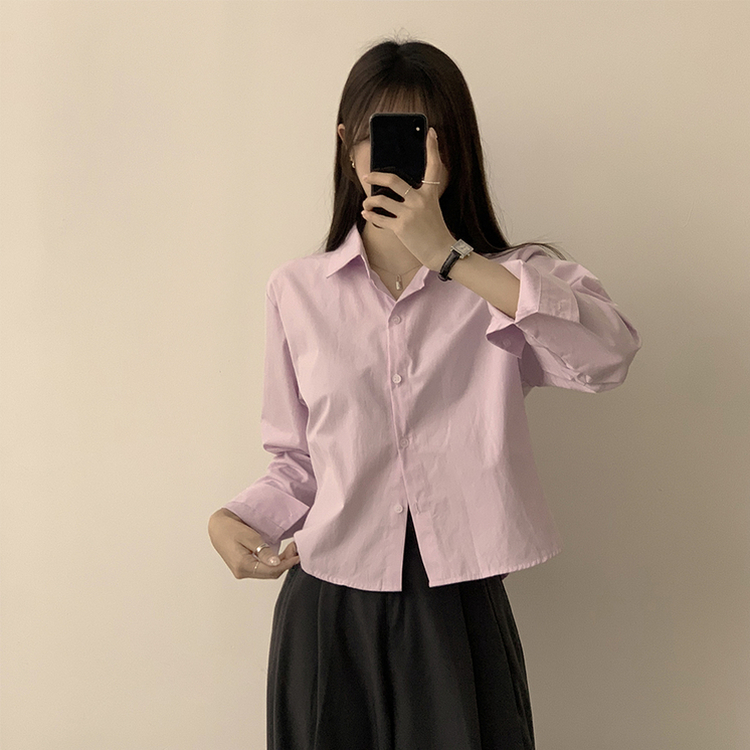베이직의 정석 유니 파스텔 카라 버튼 세미 크롭 긴팔 셔츠 봄 캐주얼 남방 데일리 상의 11color 라이트퍼플