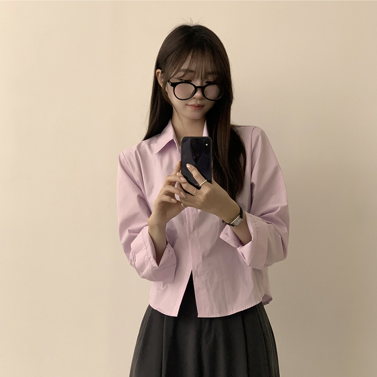 베이직의 정석 유니 파스텔 카라 버튼 세미 크롭 긴팔 셔츠 봄 캐주얼 남방 데일리 상의 11color 라이트퍼플