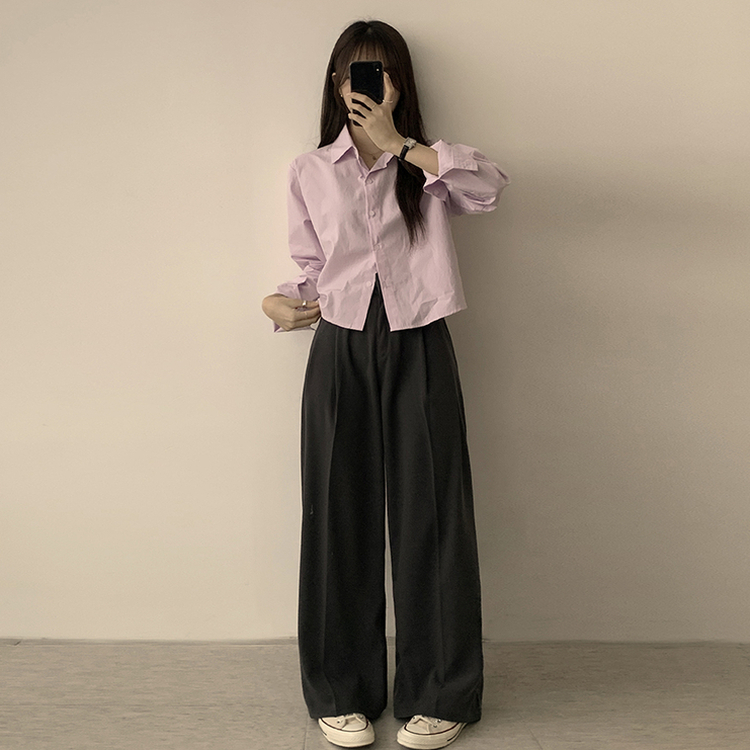 베이직의 정석 유니 파스텔 카라 버튼 세미 크롭 긴팔 셔츠 봄 캐주얼 남방 데일리 상의 11color 라이트퍼플