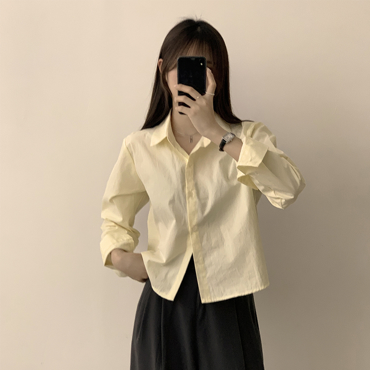 베이직의 정석 유니 파스텔 카라 버튼 세미 크롭 긴팔 셔츠 봄 캐주얼 남방 데일리 상의 11color 라이트옐로우