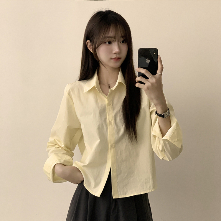 베이직의 정석 유니 파스텔 카라 버튼 세미 크롭 긴팔 셔츠 봄 캐주얼 남방 데일리 상의 11color 라이트옐로우