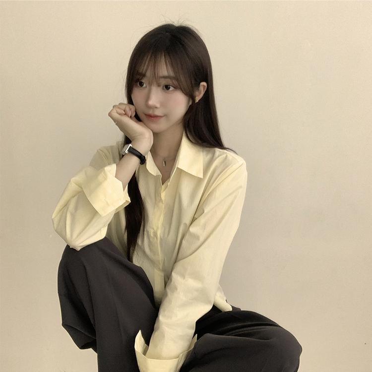 베이직의 정석 유니 파스텔 카라 버튼 세미 크롭 긴팔 셔츠 봄 캐주얼 남방 데일리 상의 11color 라이트옐로우