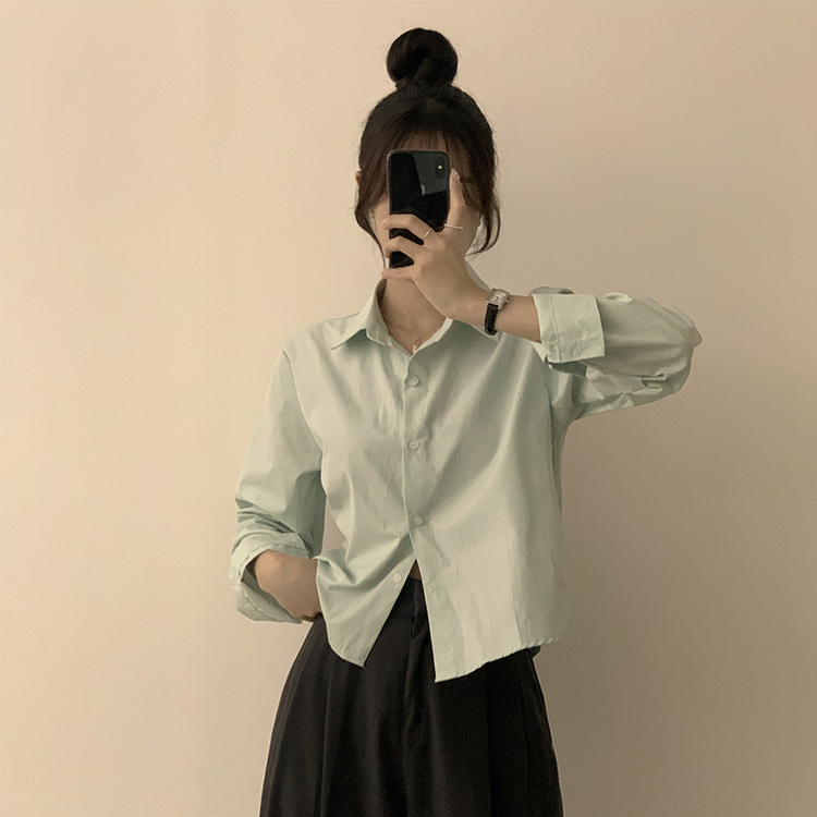 베이직의 정석 유니 파스텔 카라 버튼 세미 크롭 긴팔 셔츠 봄 캐주얼 남방 데일리 상의 11color 민트