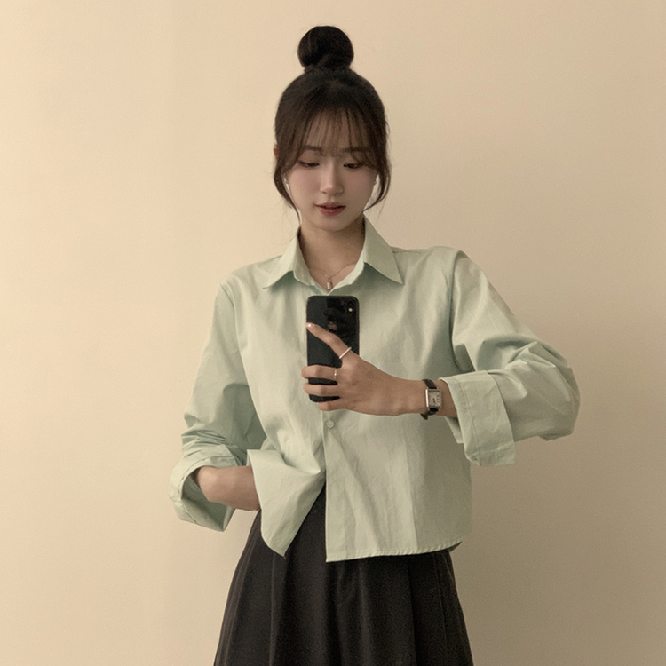 베이직의 정석 유니 파스텔 카라 버튼 세미 크롭 긴팔 셔츠 봄 캐주얼 남방 데일리 상의 11color 민트