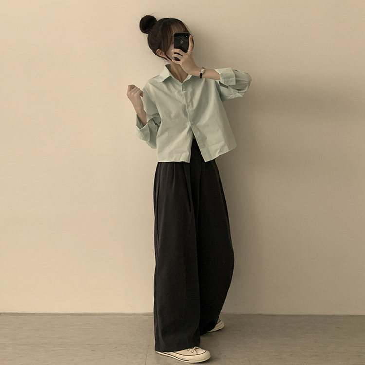 베이직의 정석 유니 파스텔 카라 버튼 세미 크롭 긴팔 셔츠 봄 캐주얼 남방 데일리 상의 11color 민트
