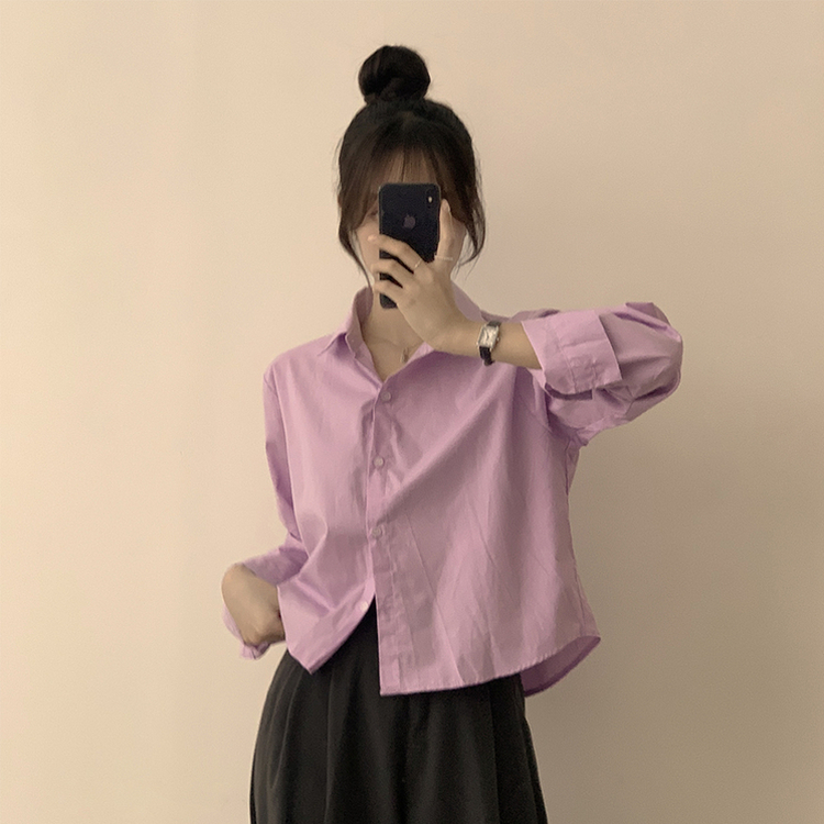 베이직의 정석 유니 파스텔 카라 버튼 세미 크롭 긴팔 셔츠 봄 캐주얼 남방 데일리 상의 11color 다크퍼플