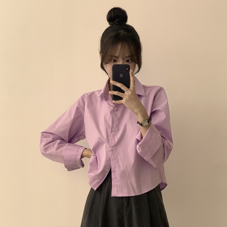 베이직의 정석 유니 파스텔 카라 버튼 세미 크롭 긴팔 셔츠 봄 캐주얼 남방 데일리 상의 11color 다크퍼플