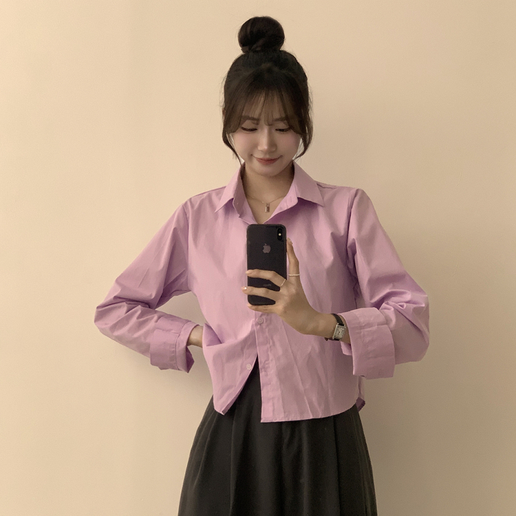 베이직의 정석 유니 파스텔 카라 버튼 세미 크롭 긴팔 셔츠 봄 캐주얼 남방 데일리 상의 11color 다크퍼플
