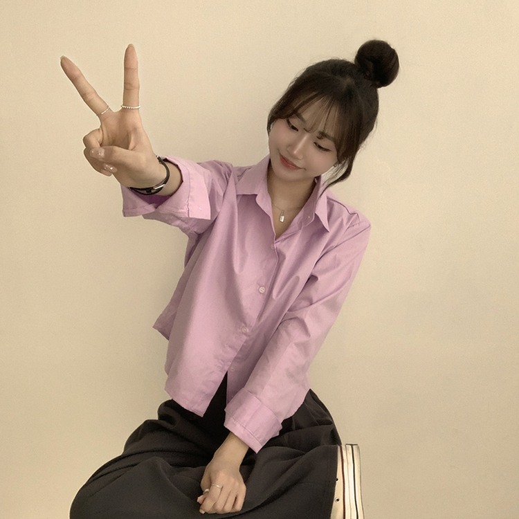 베이직의 정석 유니 파스텔 카라 버튼 세미 크롭 긴팔 셔츠 봄 캐주얼 남방 데일리 상의 11color 다크퍼플