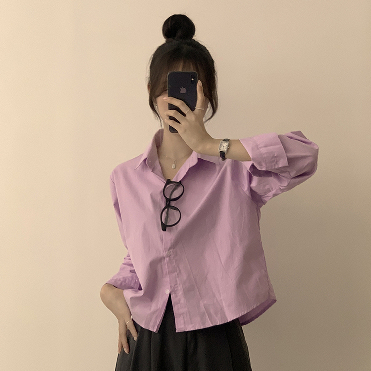 베이직의 정석 유니 파스텔 카라 버튼 세미 크롭 긴팔 셔츠 봄 캐주얼 남방 데일리 상의 11color 다크퍼플