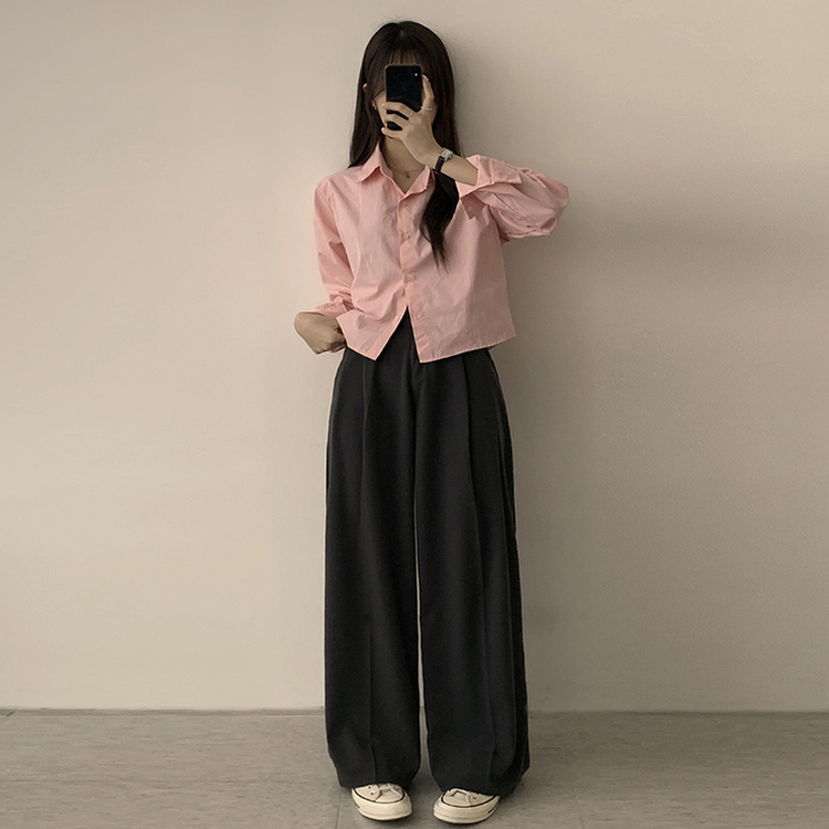 베이직의 정석 유니 파스텔 카라 버튼 세미 크롭 긴팔 셔츠 봄 캐주얼 남방 데일리 상의 11color 진핑크