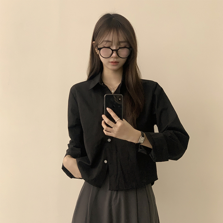 베이직의 정석 유니 파스텔 카라 버튼 세미 크롭 긴팔 셔츠 봄 캐주얼 남방 데일리 상의 11color 블랙