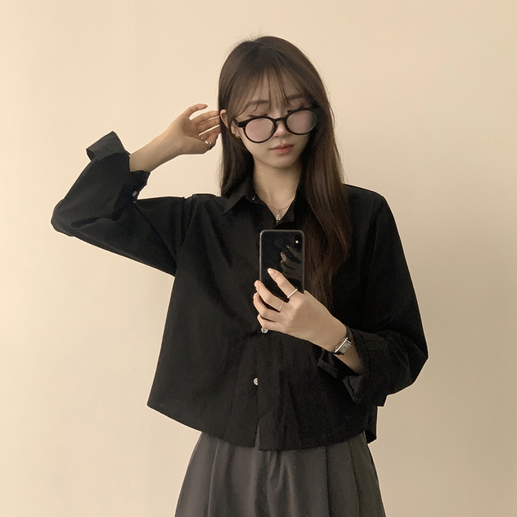 베이직의 정석 유니 파스텔 카라 버튼 세미 크롭 긴팔 셔츠 봄 캐주얼 남방 데일리 상의 11color 블랙