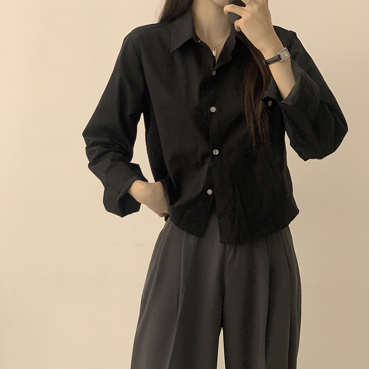 베이직의 정석 유니 파스텔 카라 버튼 세미 크롭 긴팔 셔츠 봄 캐주얼 남방 데일리 상의 11color 블랙
