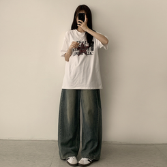 半袖Tシャツ カジュアルレタリング半袖Tシャツ WHITE