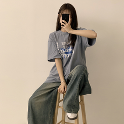 半袖Tシャツ カジュアルレタリング半袖Tシャツ AQUA