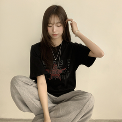 半袖Tシャツ カジュアルレタリング半袖Tシャツ BLACK
