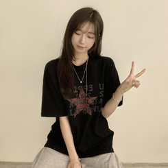 半袖Tシャツ カジュアルレタリング半袖Tシャツ BLACK