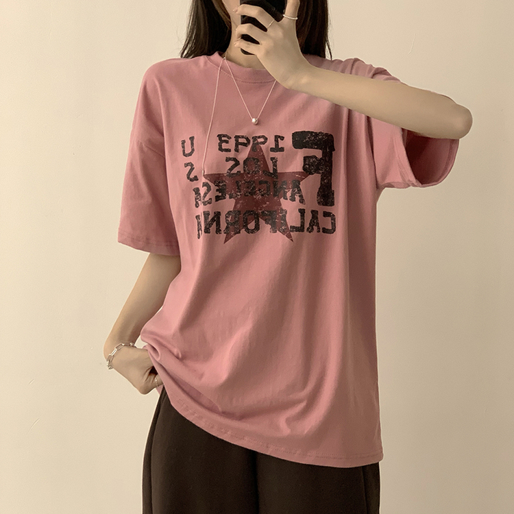 カジュアルレタリング半袖Tシャツ PINK