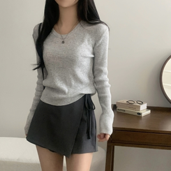 이닝 뱀부 유넥 골지 여리핏 슬림 긴팔니트 5color 그레이