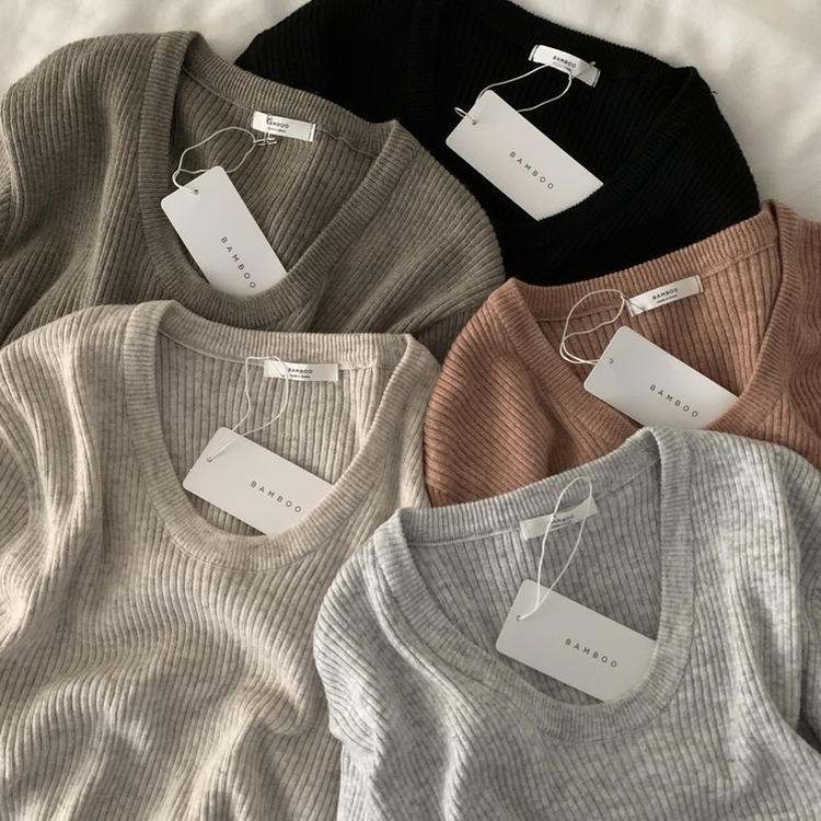 이닝 뱀부 유넥 골지 여리핏 슬림 긴팔니트 5color