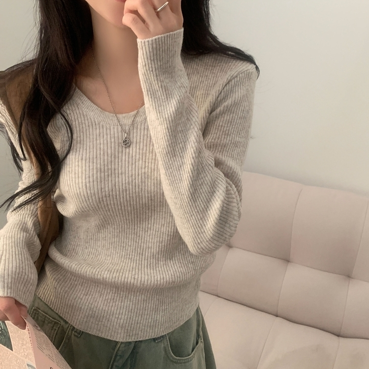 이닝 뱀부 유넥 골지 여리핏 슬림 긴팔니트 5color 오트밀