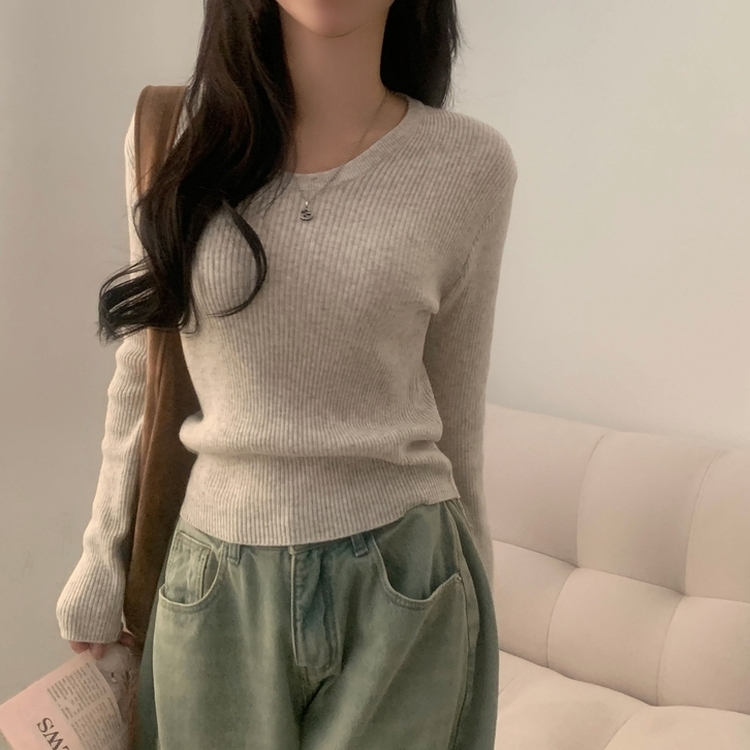 이닝 뱀부 유넥 골지 여리핏 슬림 긴팔니트 5color 오트밀