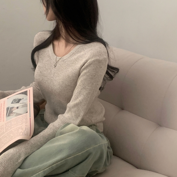 이닝 뱀부 유넥 골지 여리핏 슬림 긴팔니트 5color 오트밀