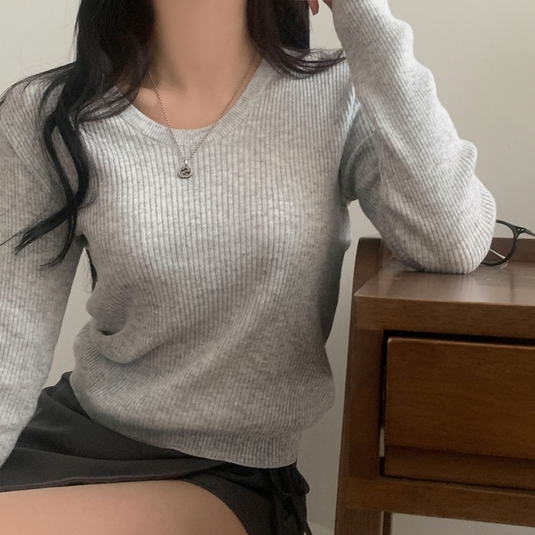 이닝 뱀부 유넥 골지 여리핏 슬림 긴팔니트 5color 그레이