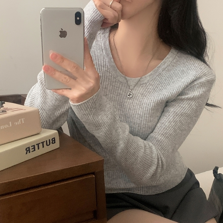 이닝 뱀부 유넥 골지 여리핏 슬림 긴팔니트 5color 그레이