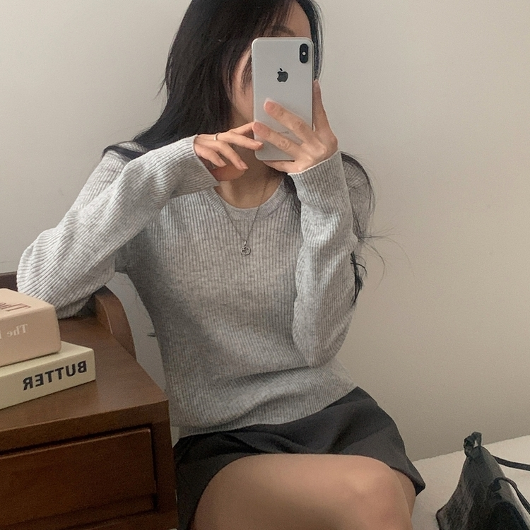 이닝 뱀부 유넥 골지 여리핏 슬림 긴팔니트 5color 그레이