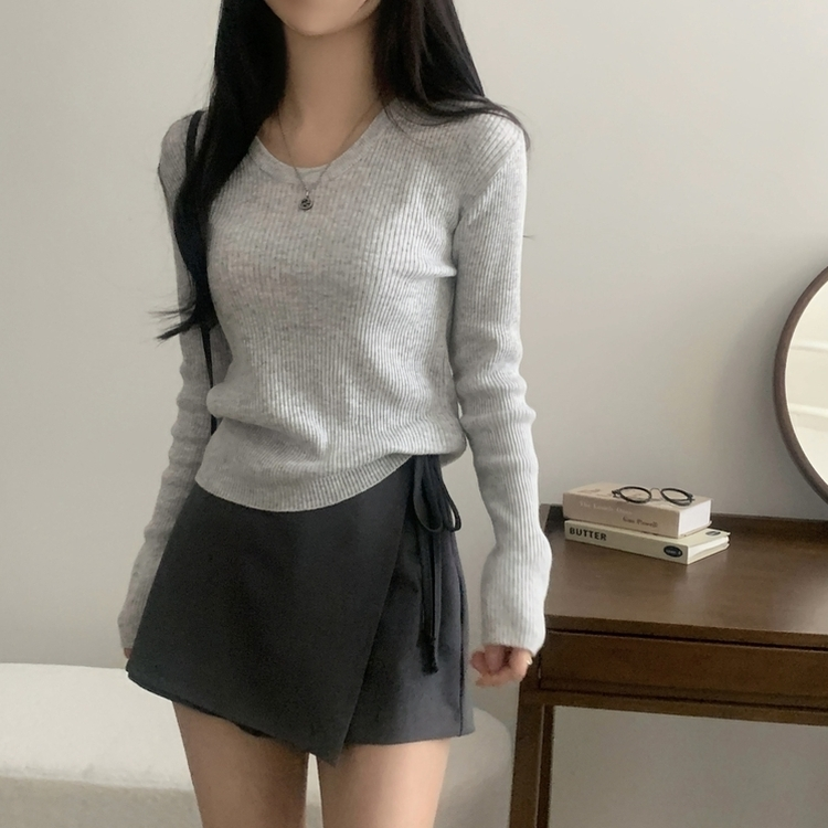 이닝 뱀부 유넥 골지 여리핏 슬림 긴팔니트 5color 그레이