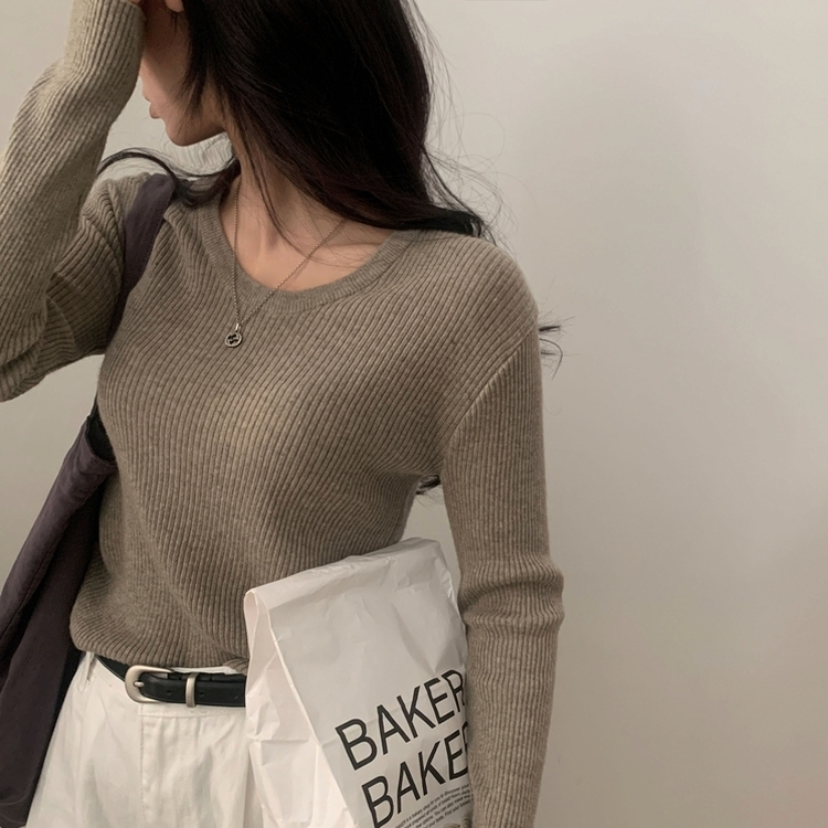 이닝 뱀부 유넥 골지 여리핏 슬림 긴팔니트 5color 카키