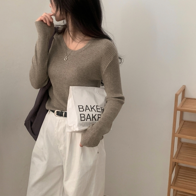 이닝 뱀부 유넥 골지 여리핏 슬림 긴팔니트 5color 카키