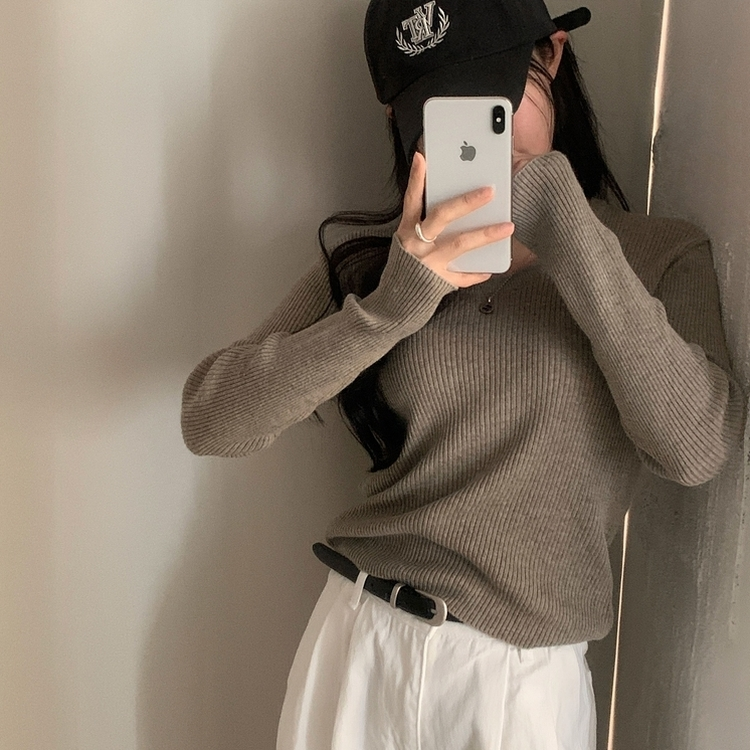 이닝 뱀부 유넥 골지 여리핏 슬림 긴팔니트 5color 카키