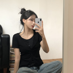 [요청폭주!땡땡반팔ver]일체형 레이어드 도트 땡땡이 썸머 반팔 가디건 3color 블랙