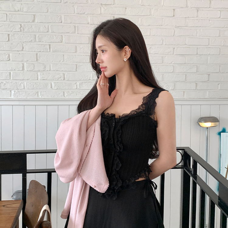 バレエコア♥) ベラール レースフリル リブ ボタン キャミソール