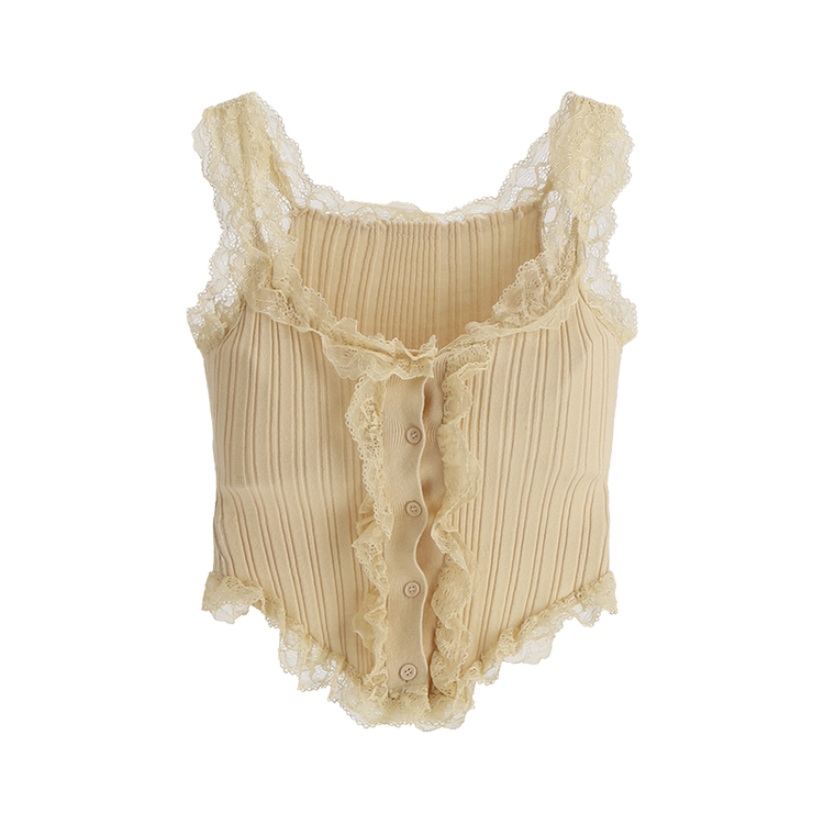 激レア　希少　アンティークレース　バレエコア　キャミソール　ノースリーブ バレエコア♥) ベラール レースフリル リブ ボタン キャミソール
