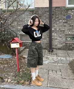 단독MADE! [힙무드/고퀄리티] 히푸 카모 밀리터리 하이웨스트 사이드 카고 포켓 와이드 버뮤다팬츠 카모 버뮤다