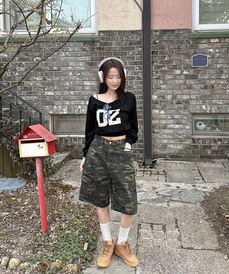 단독MADE! [힙무드/고퀄리티] 히푸 카모 밀리터리 하이웨스트 사이드 카고 포켓 와이드 버뮤다팬츠 카모 버뮤다