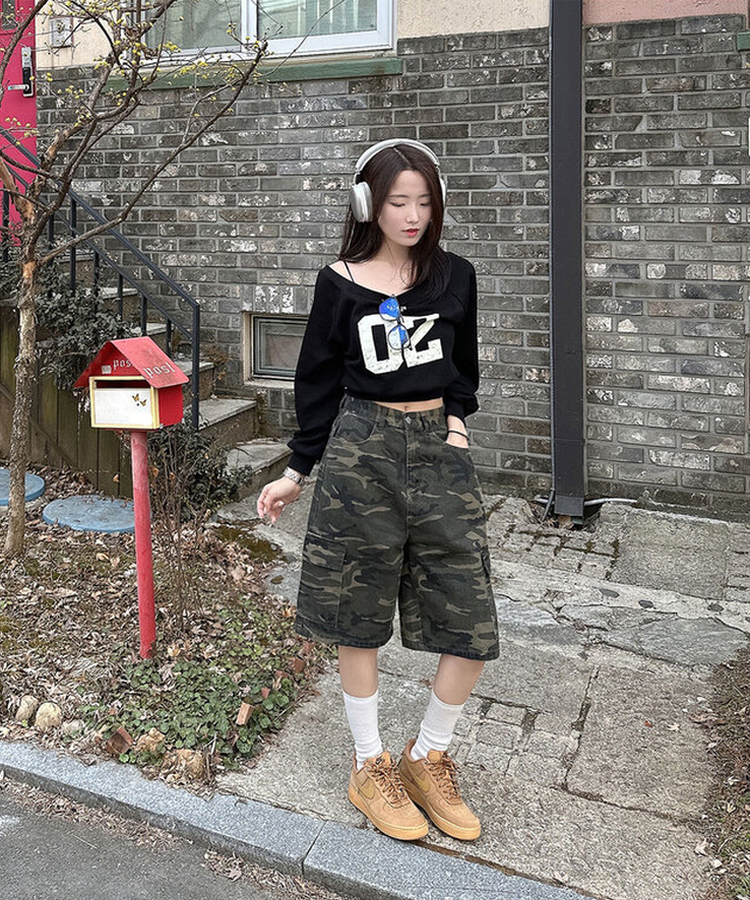 단독MADE! [힙무드/고퀄리티] 히푸 카모 밀리터리 하이웨스트 사이드 카고 포켓 와이드 버뮤다팬츠 카모 버뮤다