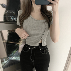半袖Tシャツ ボタンスリットクロップTシャツ GREY